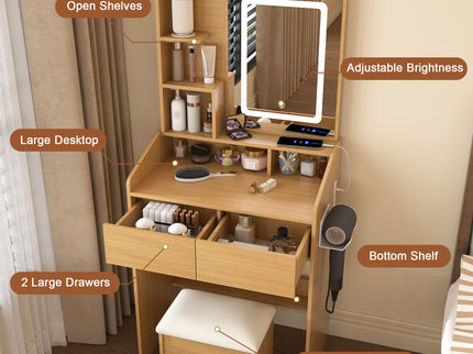 Vanity Table With LED Mirror, Power Outlet, Hairdryer Holder & Padded Stool, Compact Dressing Desk For Small Bedrooms - Wood