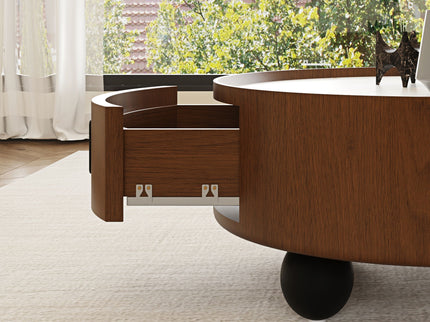 Round Coffee Table With Ball Feet, Pull Handle Storage Drawer - Bouguer Walnut / Brown