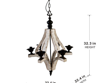 6 Light Wood Chandelier, Hanging Light Fixture With Adjustable Chain For Kitchen, Bulb Not Included - Cream