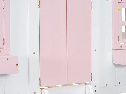 House Bunk Bed With Roof, Window, Window Box, Door, With Safety Guardrails And Ladder
