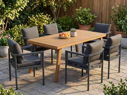 7 Piece Outdoor Patio Dining Set With Table & Chairs With Cushions - Brown / Gray