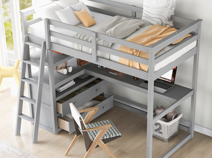 Modern Loft Bed With Built In Desk, Shelves, And 2 Drawers