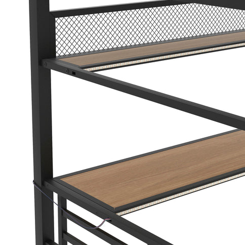Full Size Loft Bed Frame With Storage Shelf And LED Light - Black