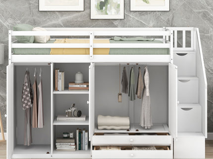 Loft Bed With 3 Shelves, 2 Wardrobes, 2 Drawers, Ladder Storage