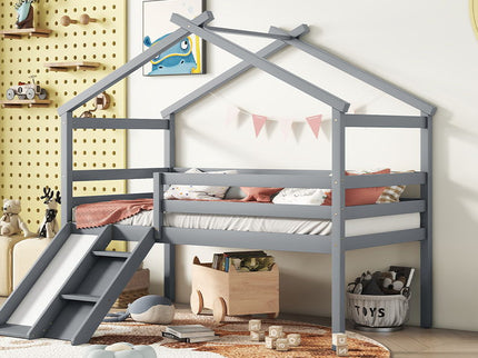 Low Loft House Bed With Slide, Ladder, Safety Guardrails, House Roof Frame