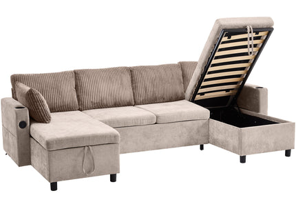 Sectional Sofa Bed With Pull Out Sleeper, USB Ports, Cup Holders