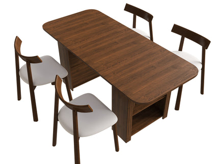 Dining Set With 4 Chairs, Table With Drawers & Open Shelf - Walnut