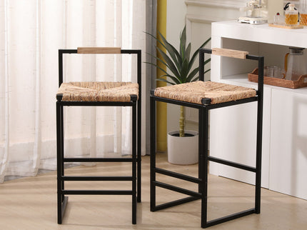 Water Hyacinth Woven Bar Stools With Back Support, Counter Height Dining Chairs (Set of 2) - Natural