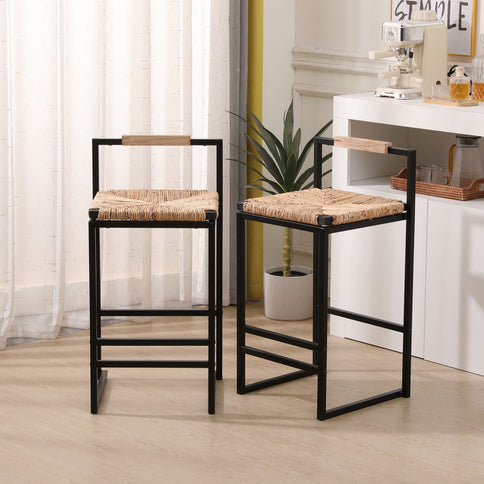 Water Hyacinth Woven Bar Stools With Back Support, Counter Height Dining Chairs (Set of 2) - Natural