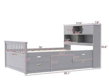 Captain Platform Bed Frame With Bookcase Headboard, 4 Drawers, Storage Shelves