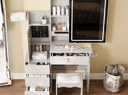 Vanity Desk Set With Sliding Lighted Mirror, 4 Drawer Makeup Dressing Table With 9 Storage Spaces, Hidden Compartments & Cushioned Stool, Beauty Furniture For Bedroom - White