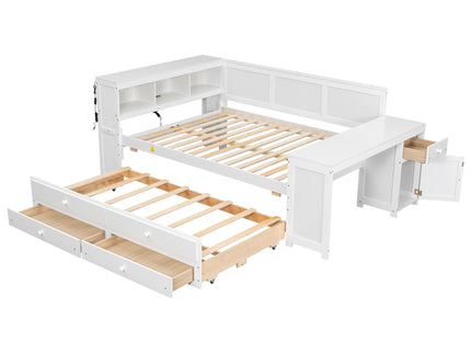 Daybed With Storage Shelves, Drawers, Trundle, Charging Station, LED Light, Desk And Cabinet
