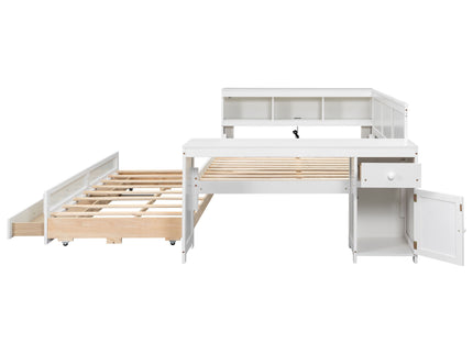 Daybed With Storage Shelves, Drawers, Trundle, Charging Station, LED Light, Desk And Cabinet