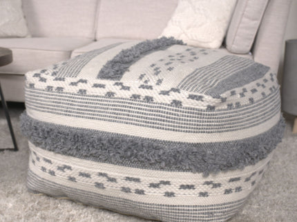 Karim - Faux Yarn Large Pouf, Durable - Ivory / Gray