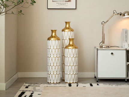 Floor Metal Vase Modern Style Decoration Home Droplet Shaped Metal Vase 3 Piece Set Gorgeous Home Decoration Large Glazed Metal Vase - Gold / White