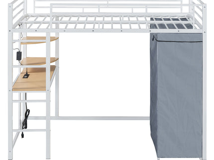 Loft Bed With Desk, Shelves, Power Outlet, LED Light And Wardrobe