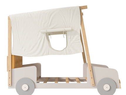 Twin Size Car Bed With Pillow, Ceiling Cloth And LED - Natural
