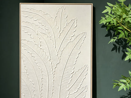 Framed Botanical Leaf Wall Art, Thick Textured Canvas Painting, Neutral Decor For Living Room - White