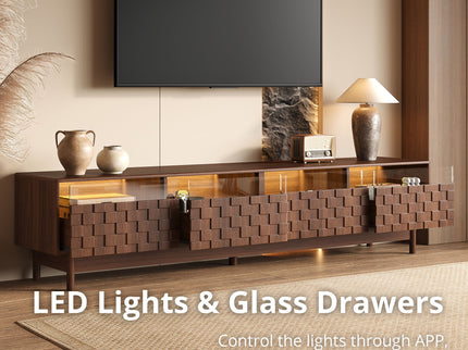 TV Stand With LED Lights And Glass Drawers For Living Room - Walnut