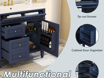 Bathroom Vanity With Top Sink, Modern Bathroom Storage Cabinet, 2 Drawers And A Tip-Out Drawer, Single Sink Bathroom Vanity - Blue