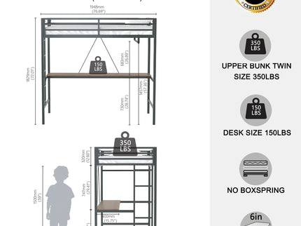 Adam - Twin Loft Bunk Bed With Cinnamon Wood Desk And Closet Rod - Black