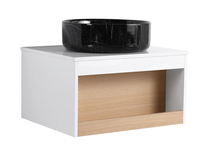 Floating Bathroom Vanity With Vessel Sink With Open Shelf Storage