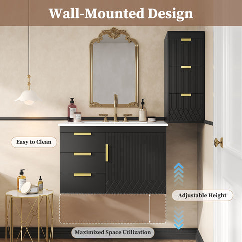 Modern Wall Mounted Bathroom Cabinet With Ceramic Sink, Soft-Closing Drawer And Door