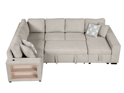 U-Shaped Sectional Sofa Pull-Out Sofa Bed With Two USB Ports, A Storage Chaise Lounge And Four Back Pillows For Living Room