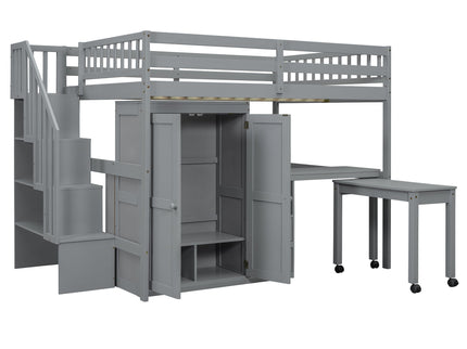Loft Bed With Stairs, Bookshelf, Drawers, Desk & Wardrobe, Space Saving Multifunctional Furniture