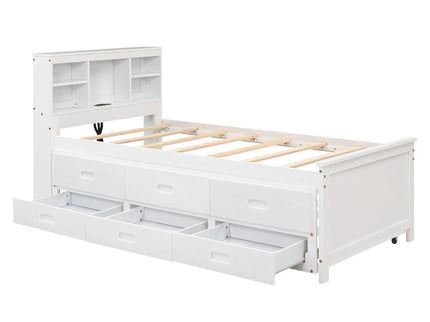Platform Bed With Storage Headboard, USB, Trundle And 3 Drawers