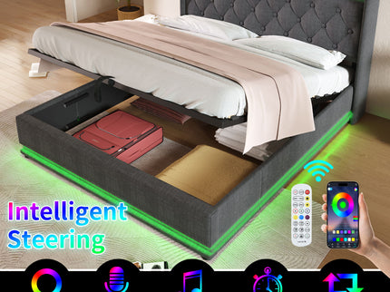 Upholstered Bed, 360 Surround LED Function, Remote Control, Hydraulic Storage Bed With USB, Type-C Charging (Without Mattress)