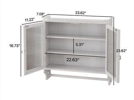 Vintage Double Door Wall Cabinet With Three Tiers Storage And Towel Rack - White Washed
