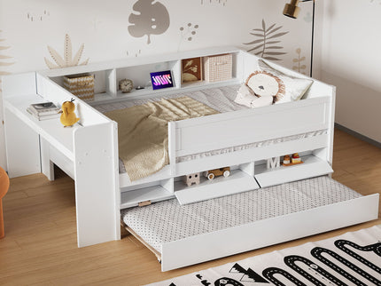 Twin Daybed With Drawers, Trundle, Headboard Storage, Study Desk, And USB Charging Station - White