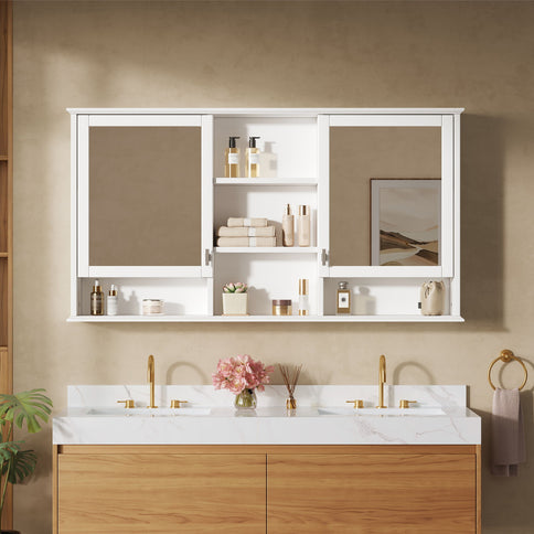 Wall Mount Mirror Cabinet With Adjustable Shelves - White