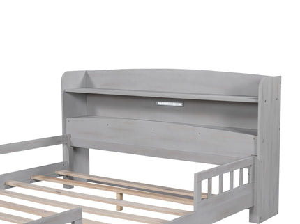 Wood Platform Bed With Built In LED Light, Storage Headboard And Guardrail