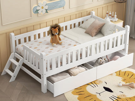 Platform Bed With Guardrail And 2 Drawers