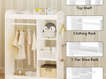 Dress Up Storage With Mirror And Hooks, Clothes Rack With Hanging Rod, 3 Side Hooks, Open Shelves, Top Shelf Organizer - White