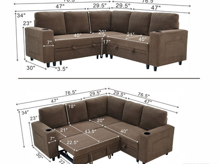 Upholstered L - Shape Sectional Sofa Bed With Pull Out Sleeper And Storage
