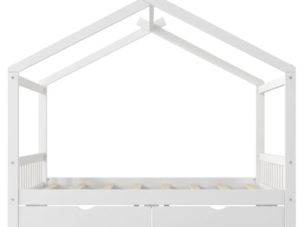 House Style Platform Bed With Headboard, Footboard, 2 Drawers, And Roof Design