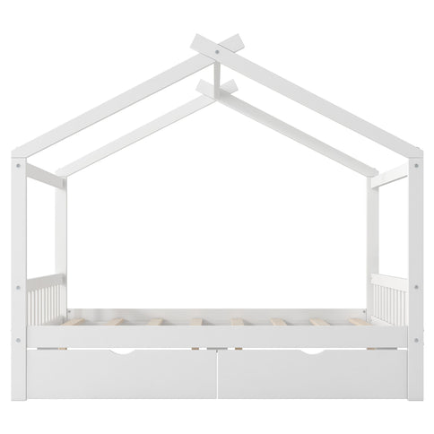 House Style Platform Bed With Headboard, Footboard, 2 Drawers, And Roof Design