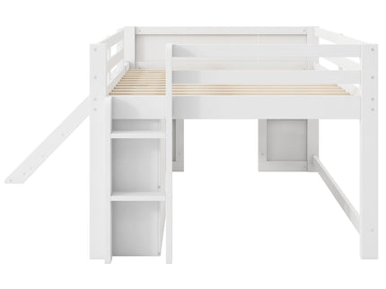 Modern Low Loft Bed With Slide, 3 Storage Drawers, And 2 Doors