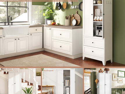 Pantry Cabinet With 2 Drawers, Freestanding Kitchen Storage Cabinet With Adjustable Shelves, Heavy-Duty Organizer For Spices, Dishware, Small Appliances - White