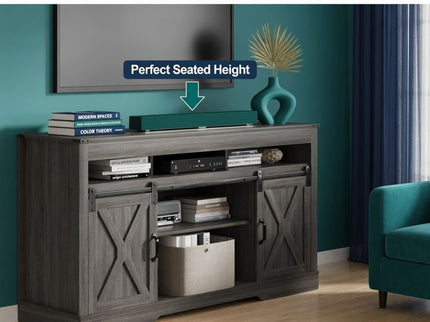 Farmhouse TV Stand With Sliding Barn Doors & Adjustable Storage
