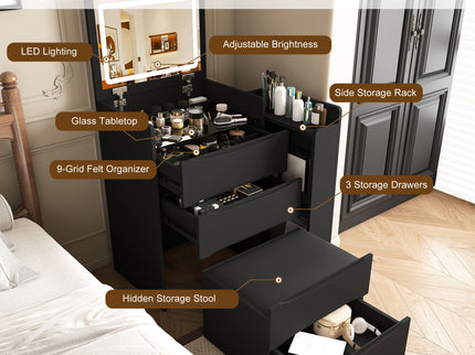 Flip Mirror Vanity Desk With Adjustable LED Lights & Stool For Bedroom