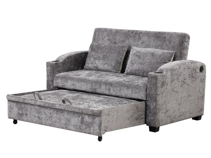 Pull Out Loveseat Sofa With Adjsutable Backrest, 2 Pillows, Cup Holders, USB Ports For Living Room
