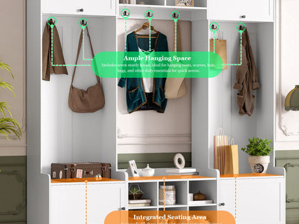 Wide Hall Tree With Shoe Storage, 4 In 1 Entryway Bench With 8 Cubbies, 7 Coat Hooks & Adjustable Shelf For Hallway - White