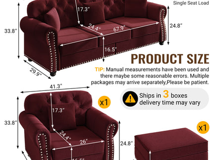 Upholstered Sofa Set With Nailhead Trim And Rolled Armrests, Includes Pillows