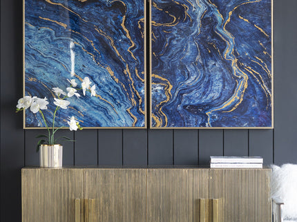 Framed Art Panels, Unique Marbled Design (Set of 2) - Blue