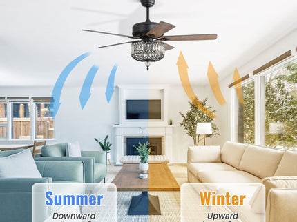 Ceiling Fan With Crystal Lampshade, 5 Blades, DC Motor, 6 Speed Remote Control, 1 / 4 / 8 Hour Timer - Black