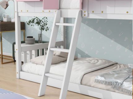House Bunk Bed With Roof, Window, Window Box, Door, With Safety Guardrails And Ladder